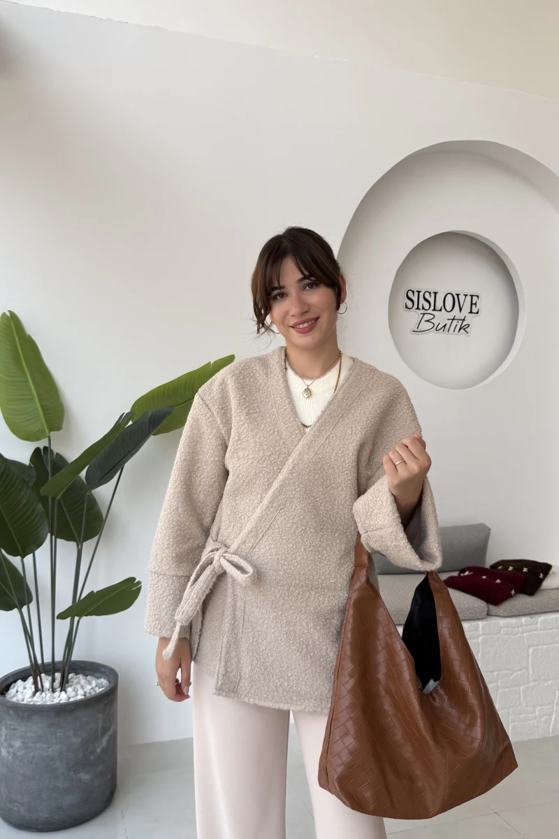 Teddy Kumaş Kimono - Taş - Kod: 7020