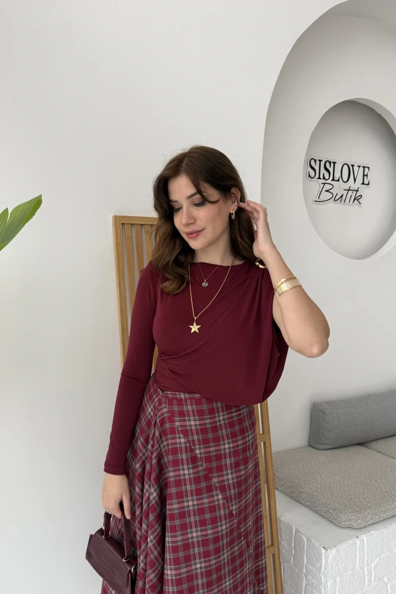 Tek Omuz Açık Aksesuar Detaylı Zıbın Bluz - Bordo