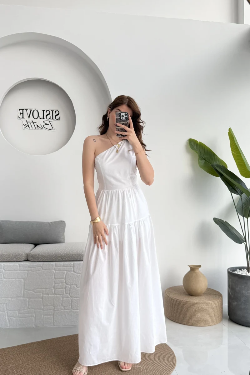 Tek Omuz Kat Kat Elbise - Beyaz