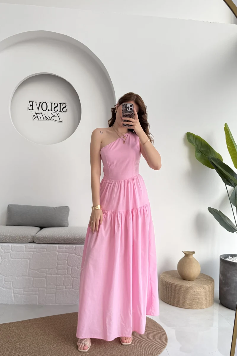 Tek Omuz Kat Kat Elbise - Pembe