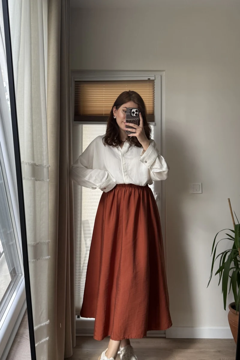 Tensel Modal Karışımlı Cepli Etek - Kiremit