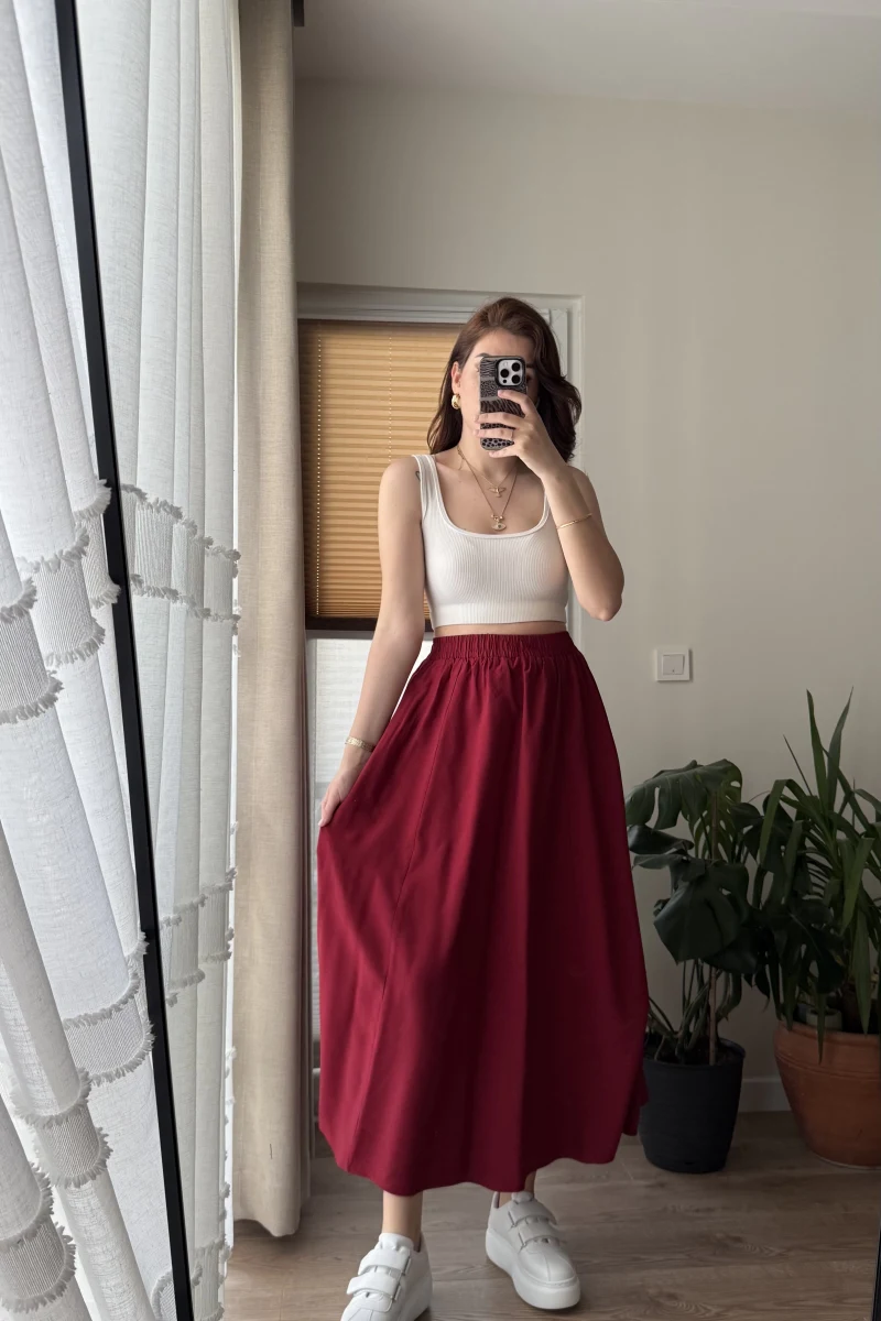 Tensel Modal Karışımlı Cepli Etek - Kırmızı Tonları