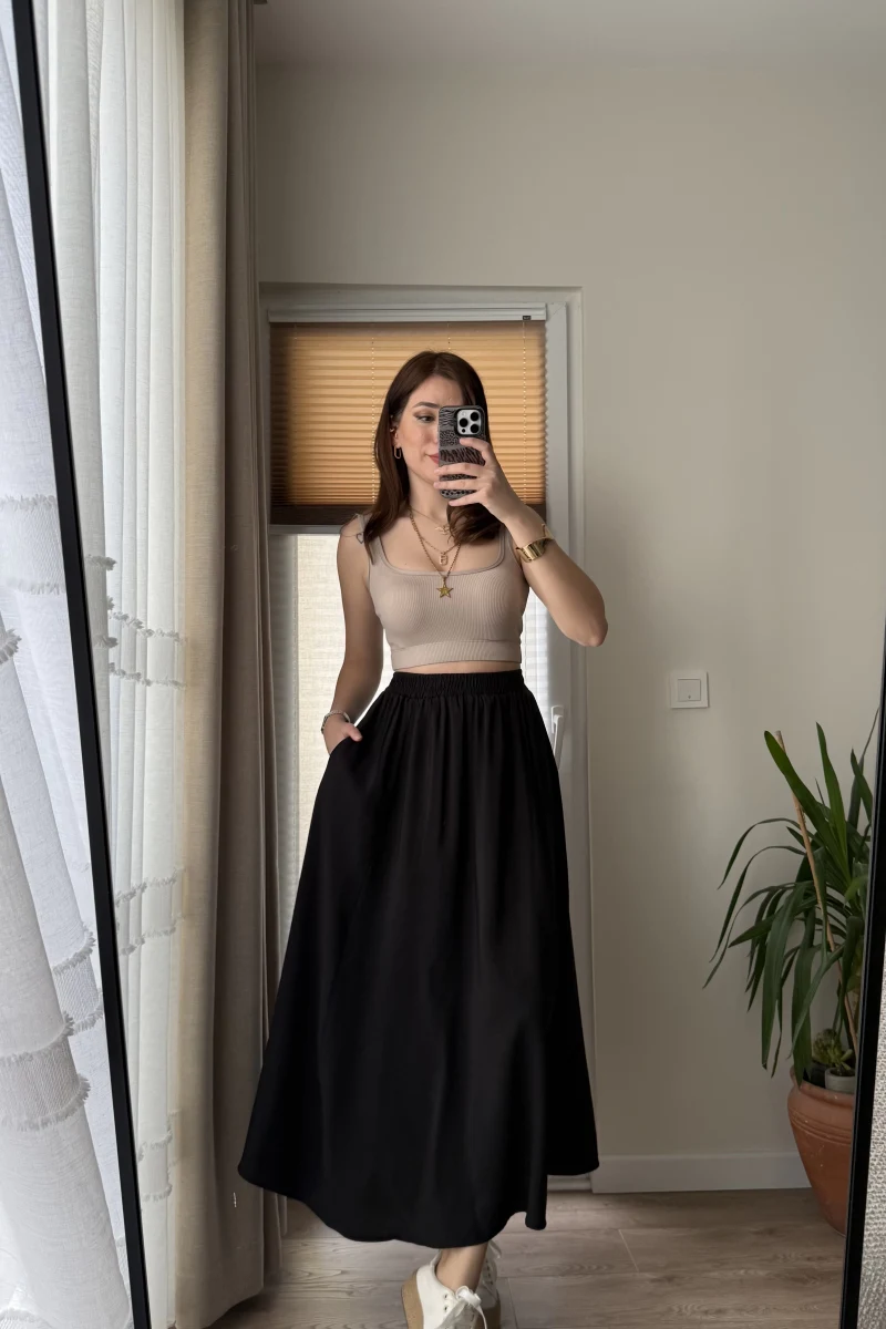 Tensel Modal Karışımlı Cepli Etek - Siyah