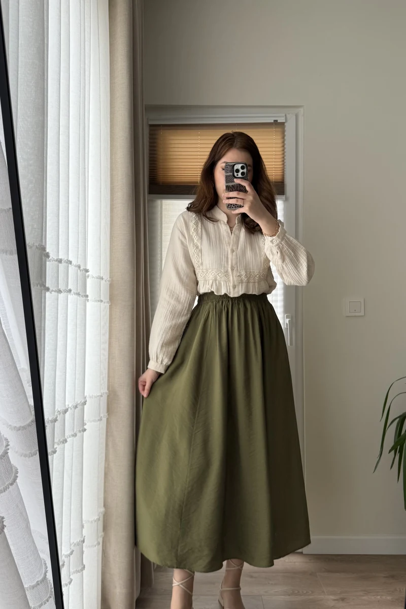 Tensel Modal Karışımlı Cepli Etek - Zeytin Haki