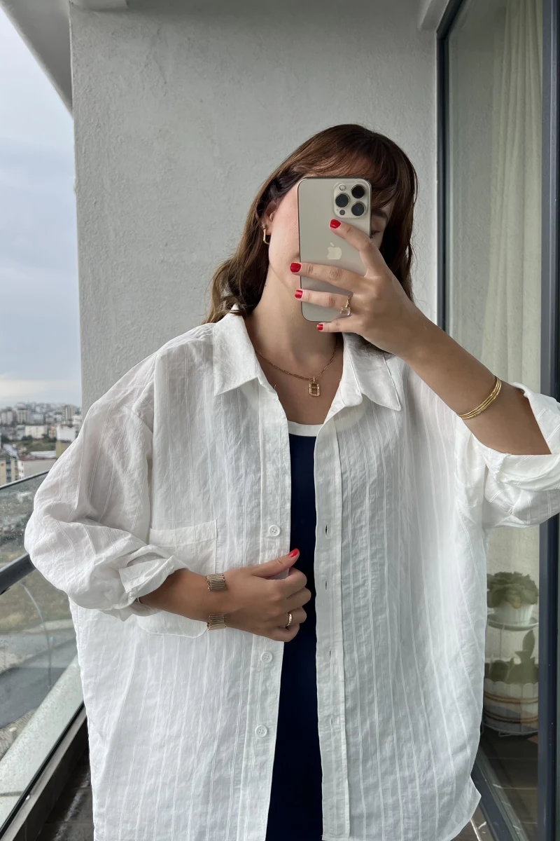Tensel Oversize Çizgili Beyaz Gömlek