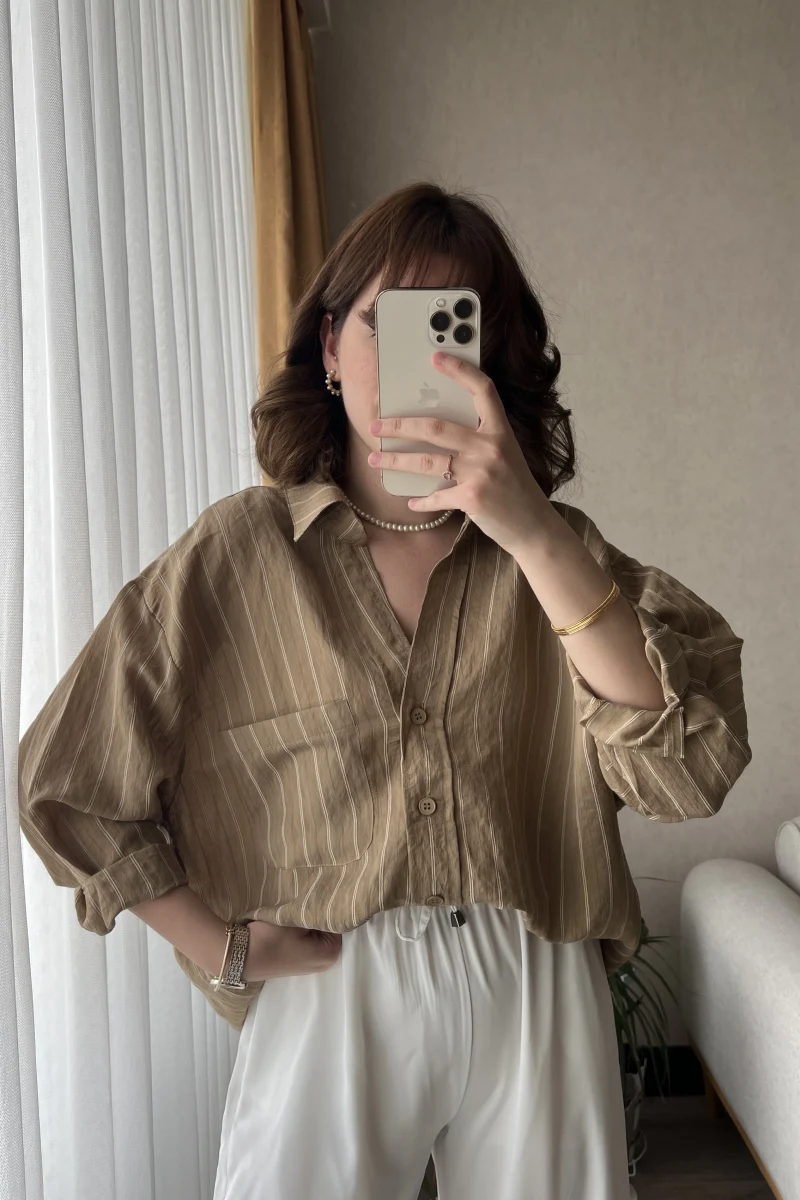 Tensel Oversize Çizgili Haki Tonları Gömlek