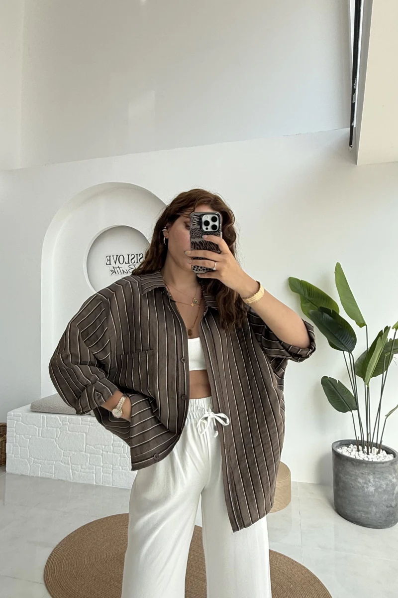 Tensel Oversize Çizgili Kahve Gömlek