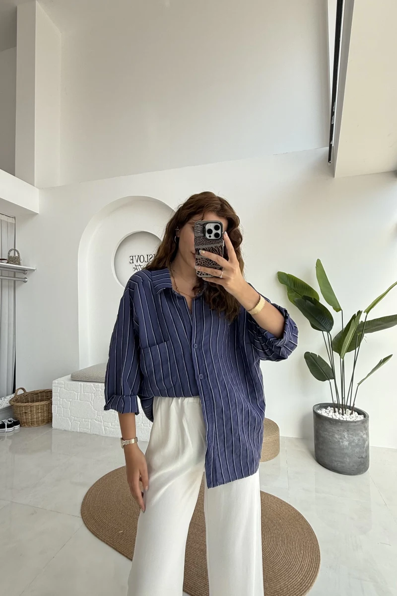 Tensel Oversize Çizgili Lacivert Gömlek