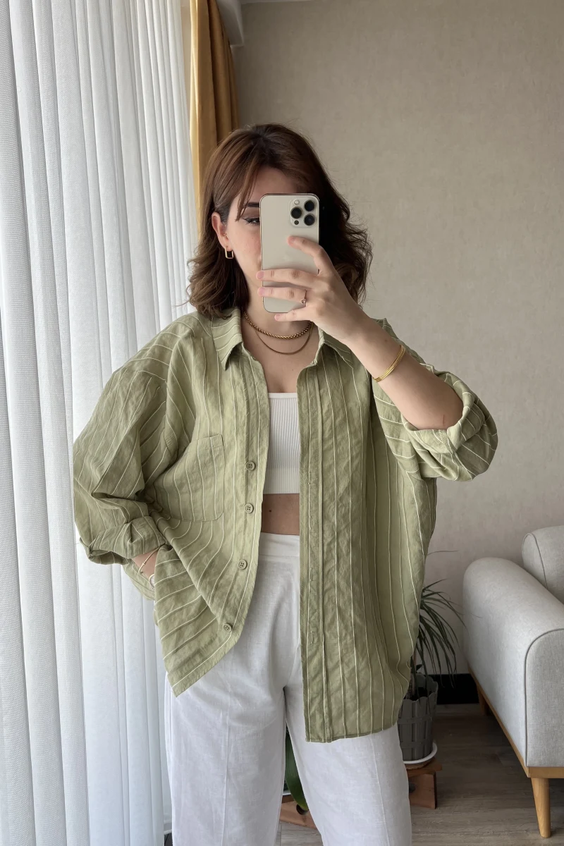 Tensel Oversize Çizgili Yeşil Gömlek