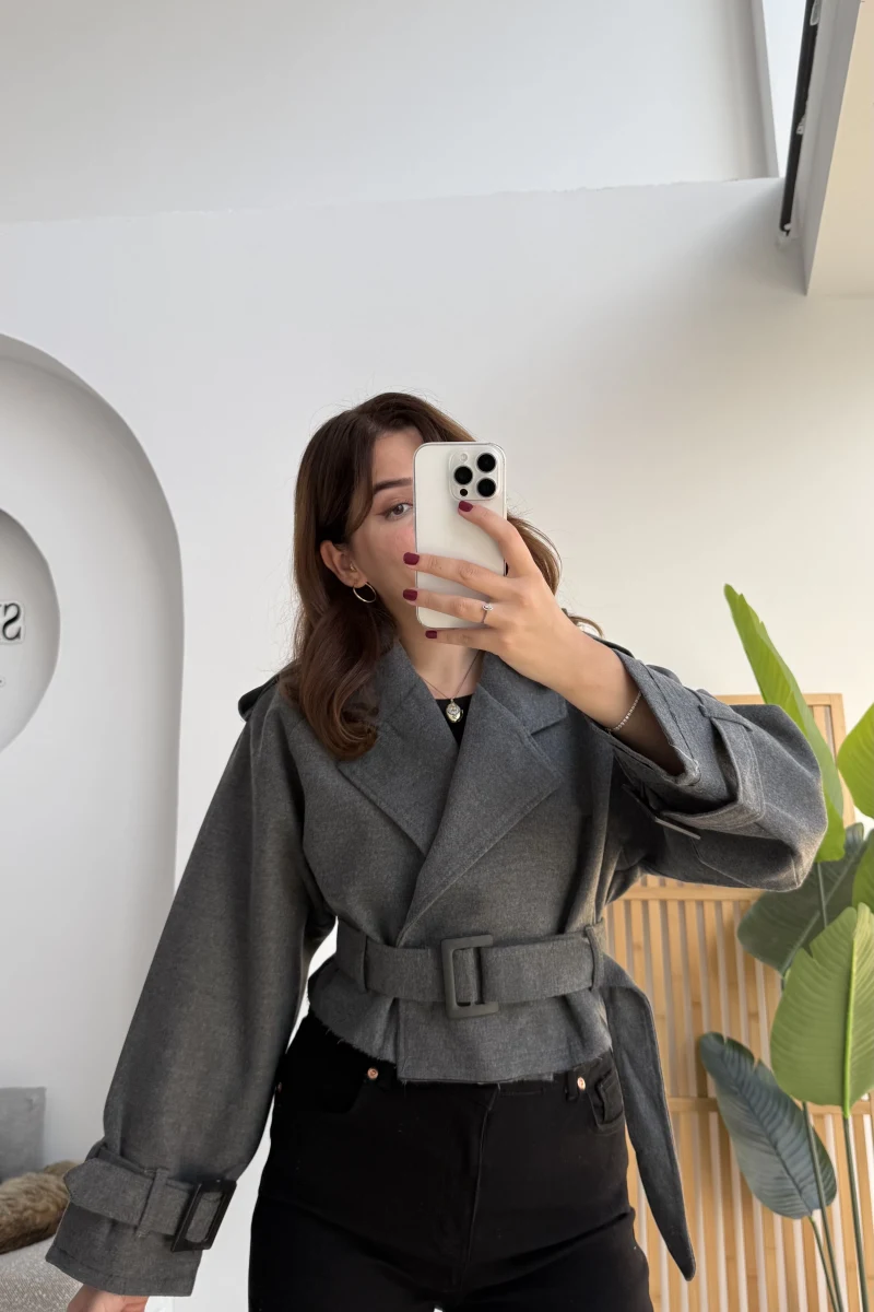 Tess Kemerli Reglan Kol Yarım Ceket - Antrasit - Kod: 9502