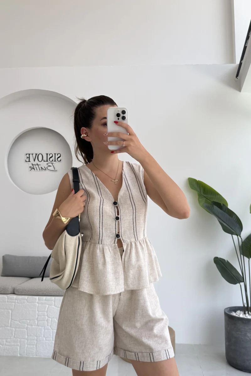 Tiana Çizgi Detay Keten Şort Takım - 8010