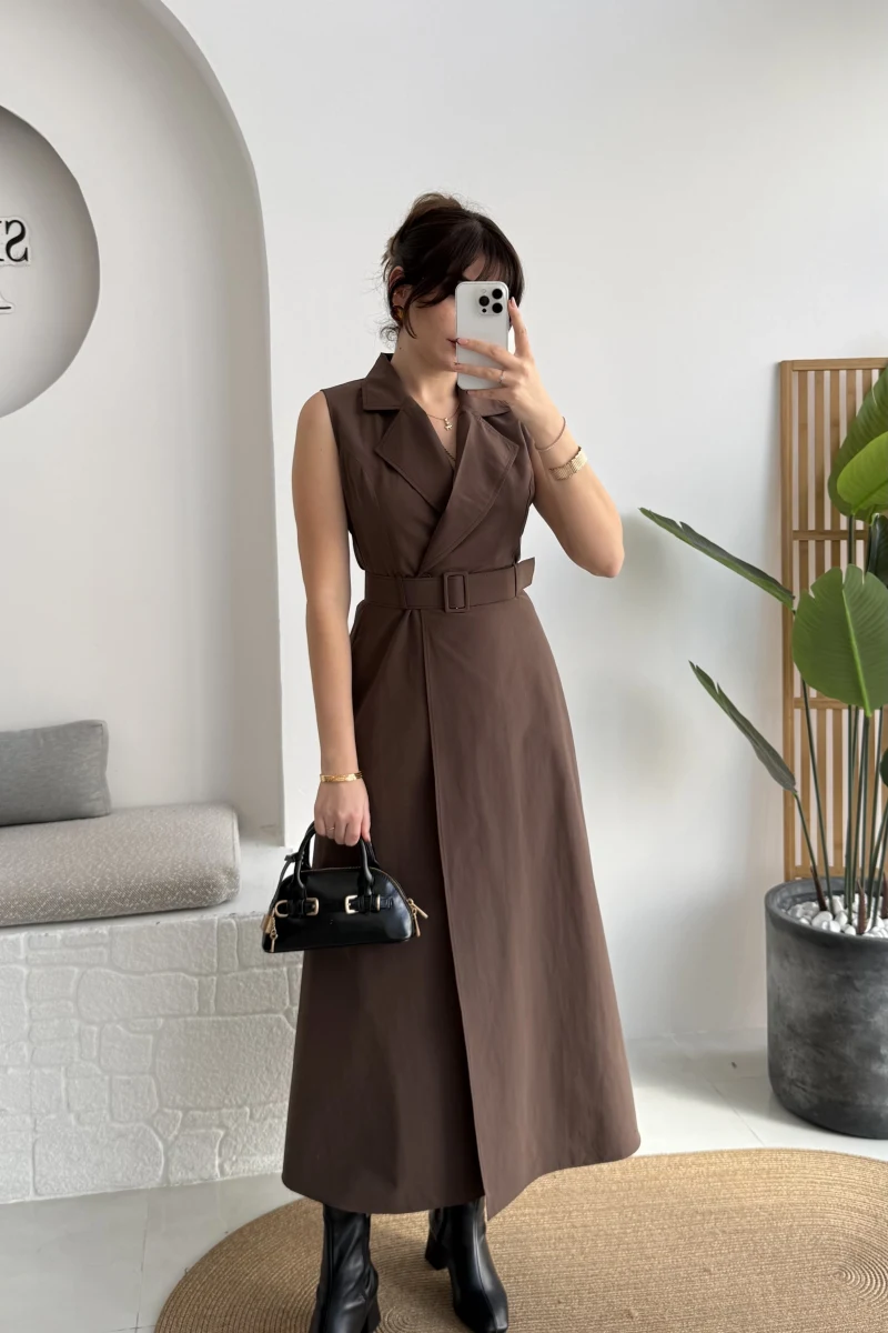 Bailey Kemer Detay Elbise - Acı Kahve - Kod: 2350