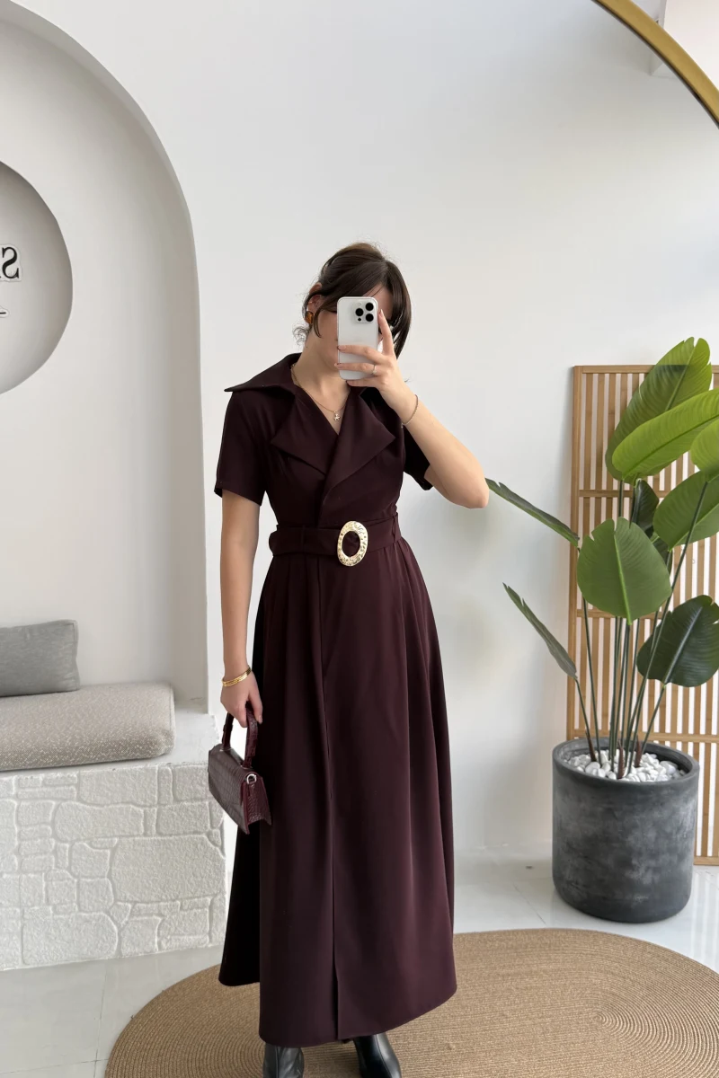 Tienne Kruvaze Yaka Toka Kemerli Elbise - Mürdüm - Kod: 2332