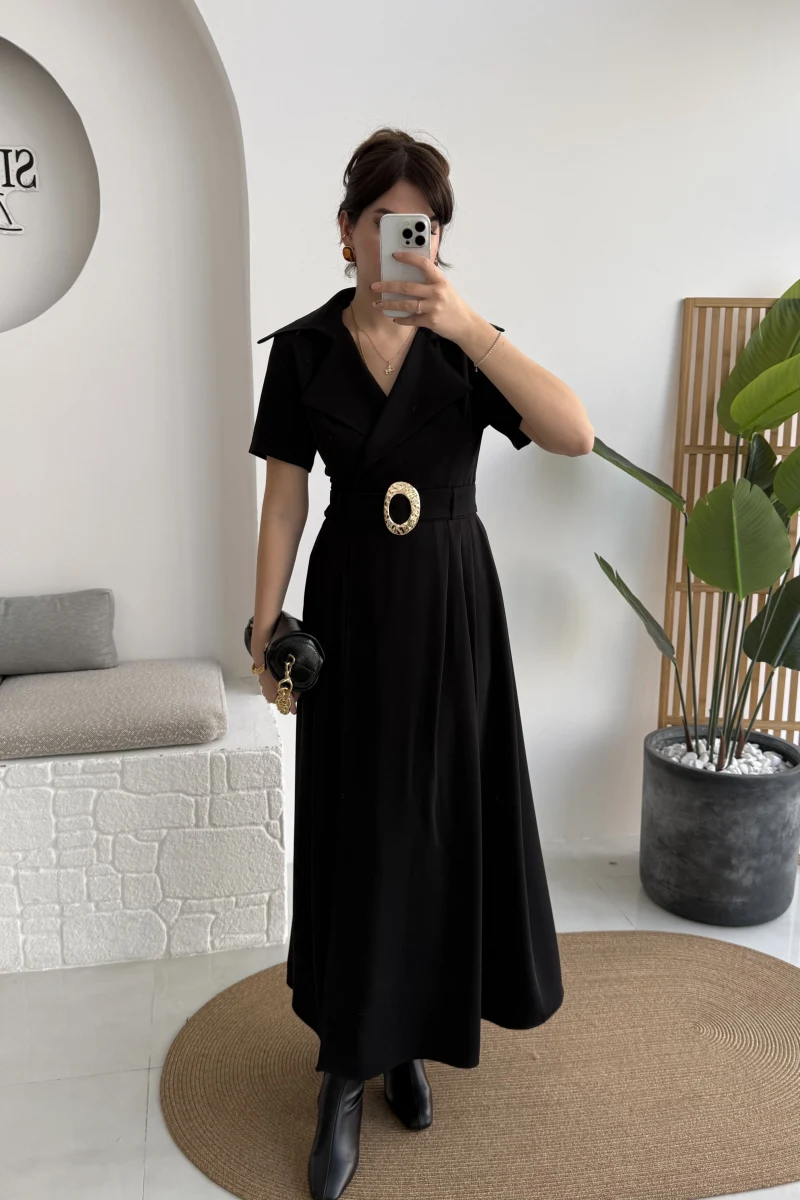 Tienne Kruvaze Yaka Toka Kemerli Elbise - Siyah - Kod: 2332