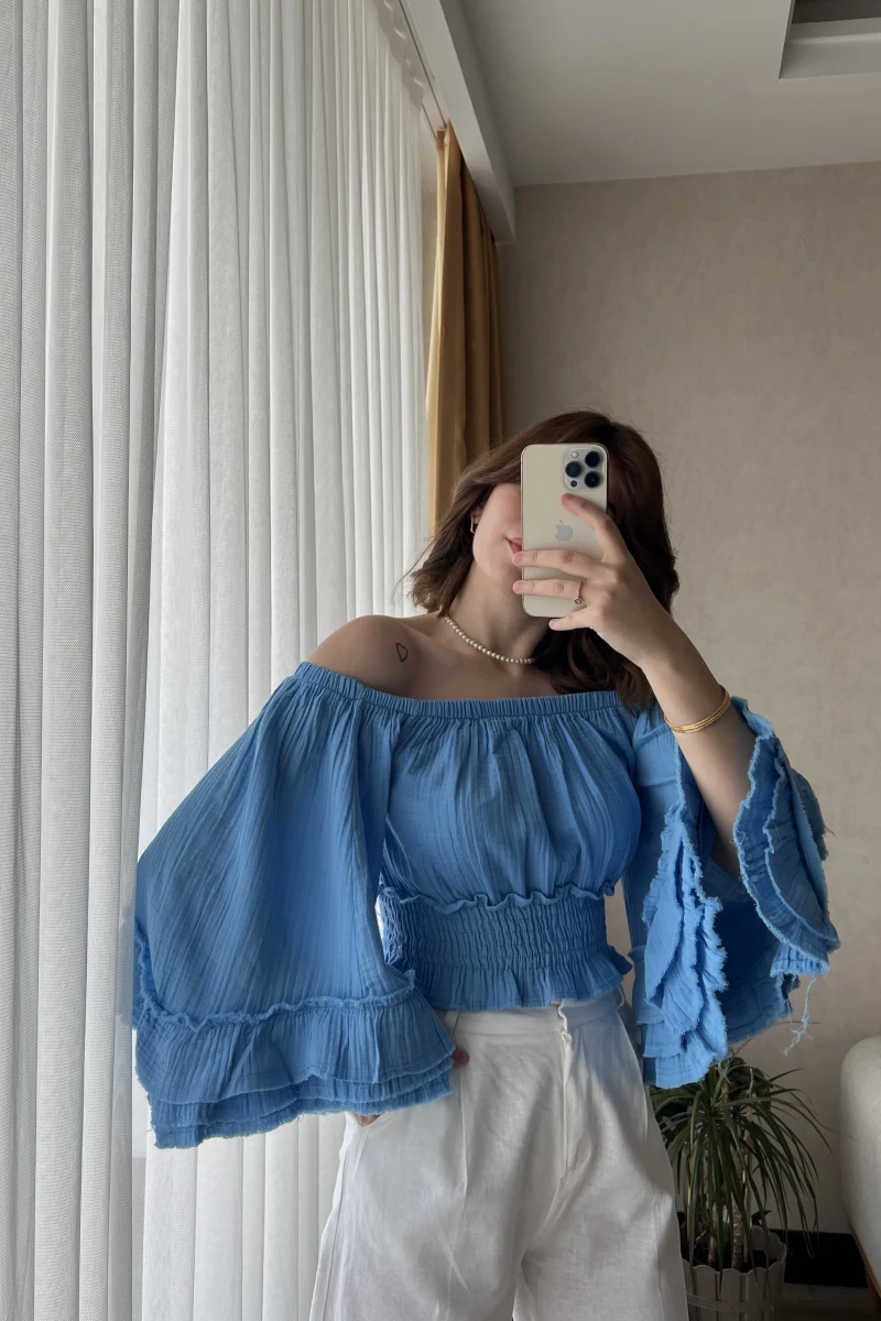 To Lowe Mavi Püsküllü Özel Tasarım Bluz