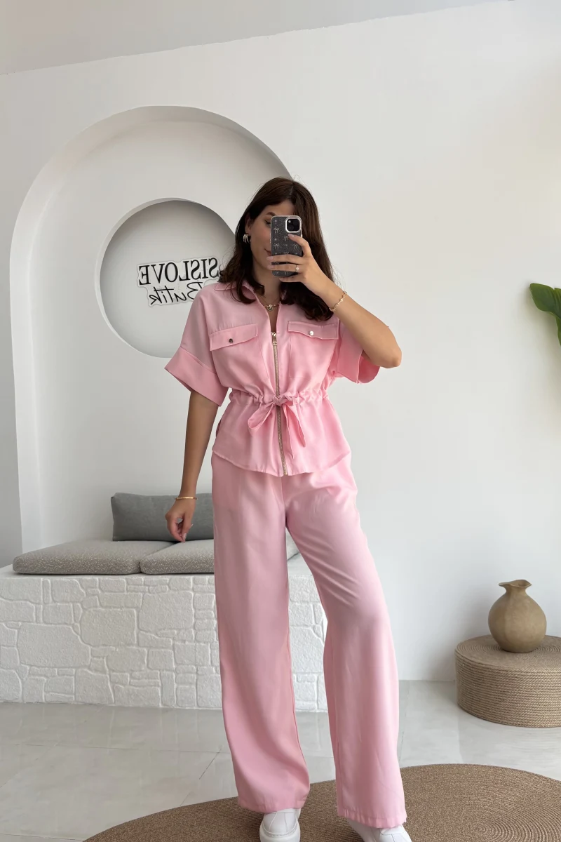 Tokyo Fermuarlı Gömlek Pantolon Takım - Pembe