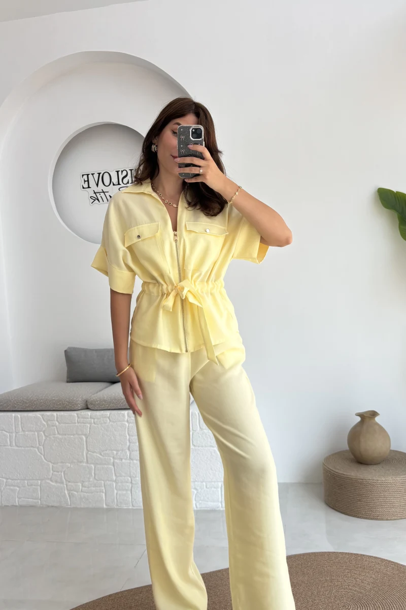 Tokyo Fermuarlı Gömlek Pantolon Takım - Sarı