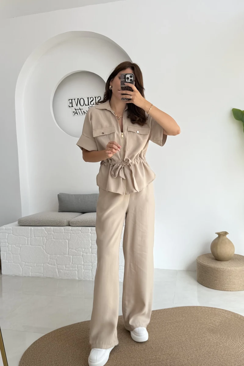 Tokyo Fermuarlı Gömlek Pantolon Takım - Taş