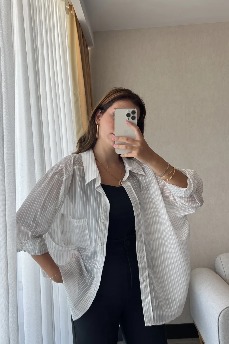 Transparan Çizgili Gri Gömlek