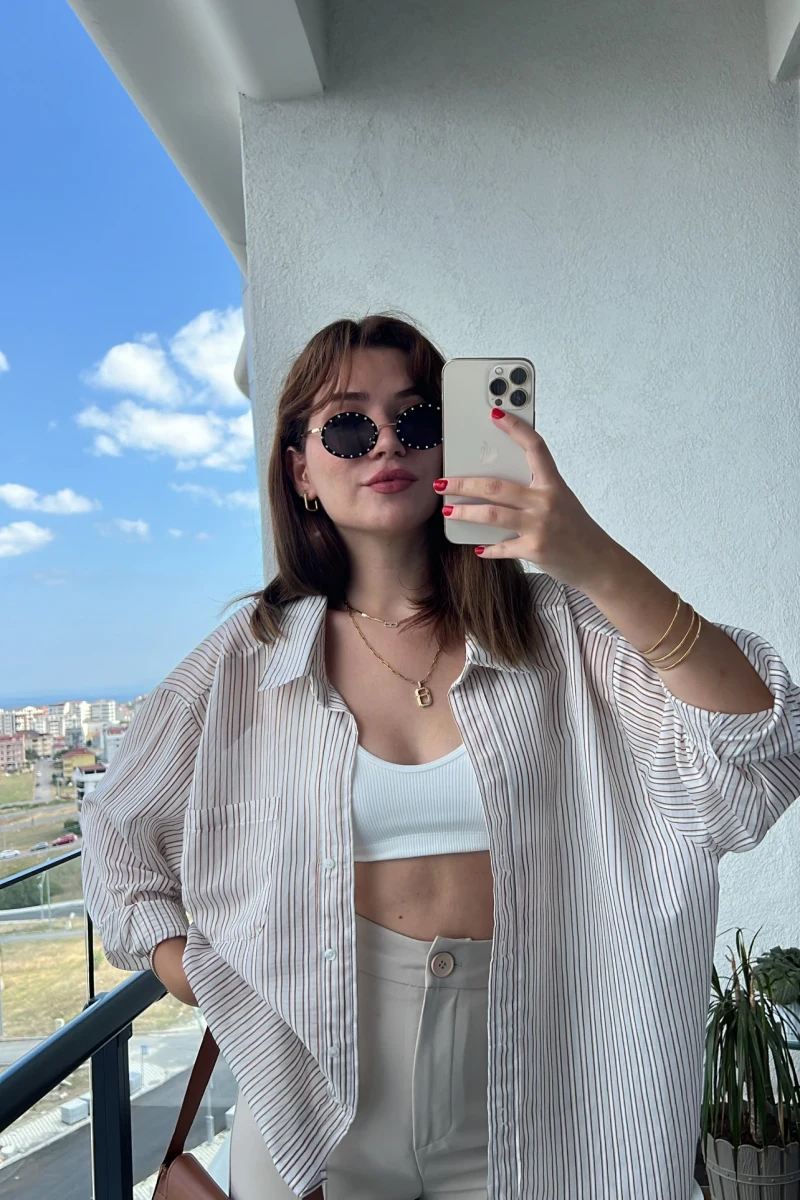 Transparan Çizgili Kahve Gömlek