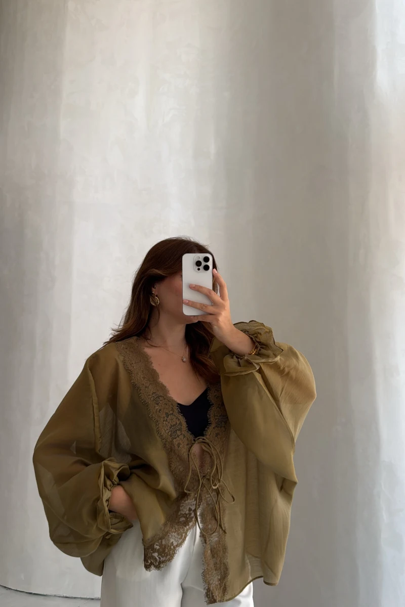 Transparan Dantelli Gömlek - Olive - Kod: 5108