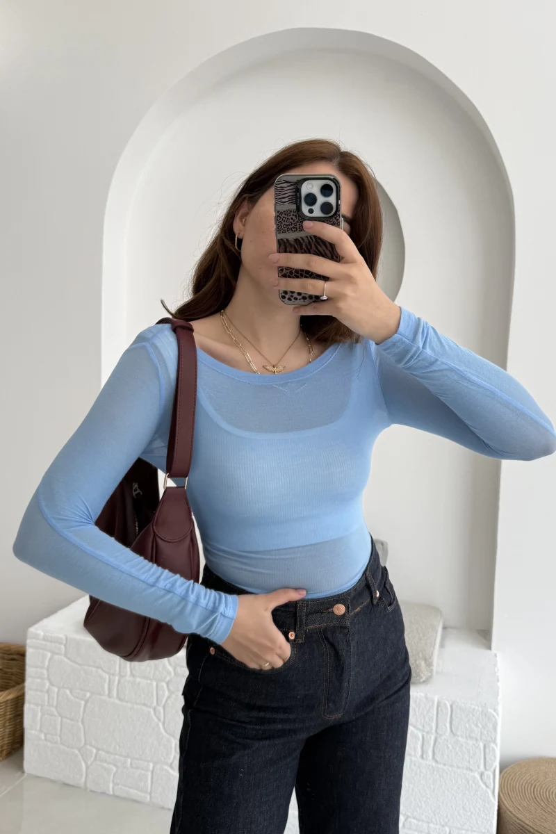 Transparan Mavi Kayık Yaka Bluz