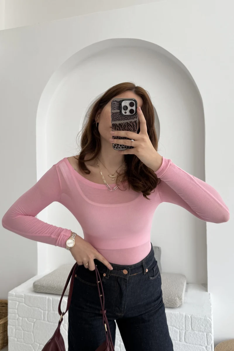 Transparan Pembe Kayık Yaka Bluz
