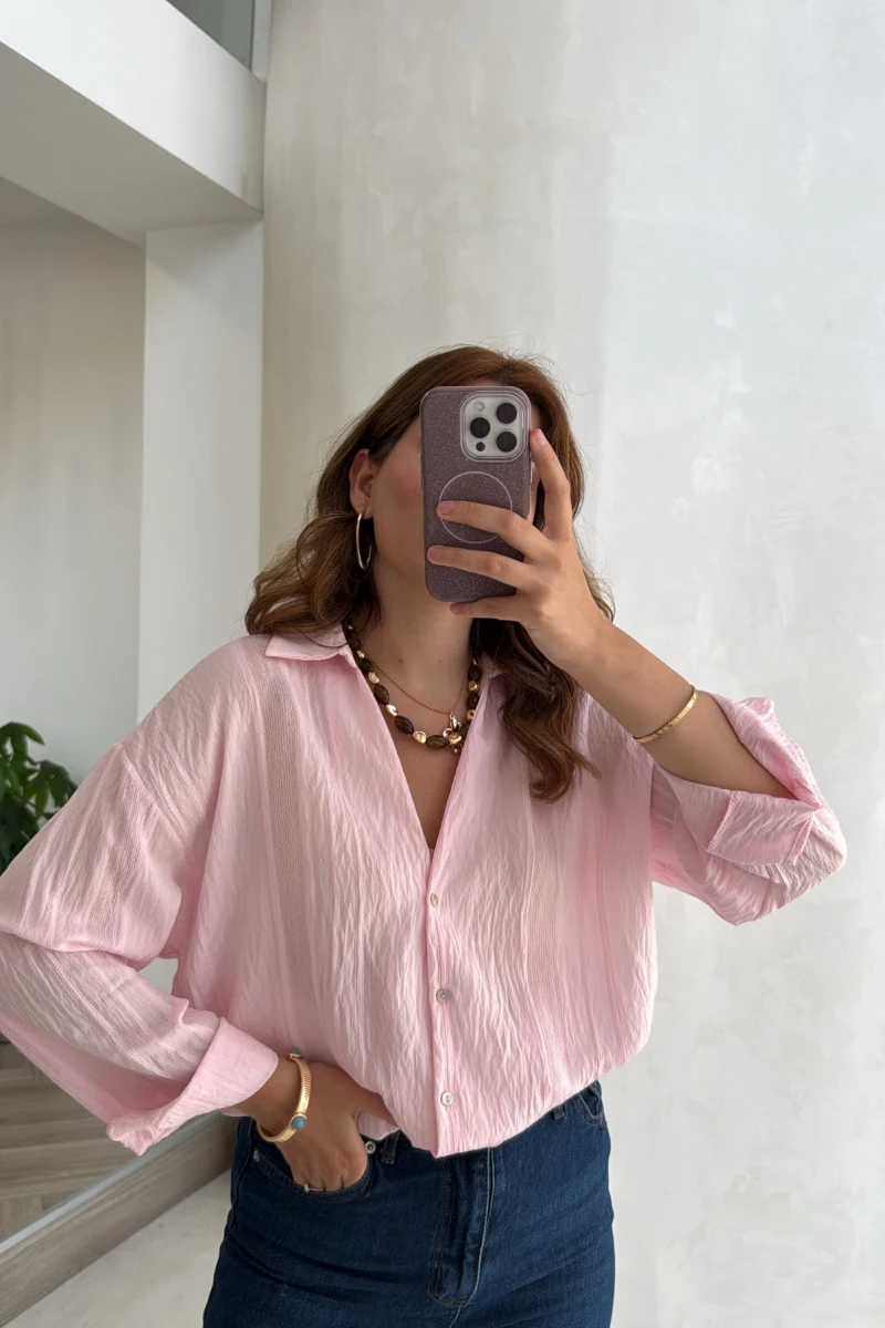 Transparan V Yaka Gömlek - Pembe - Kod: 4914