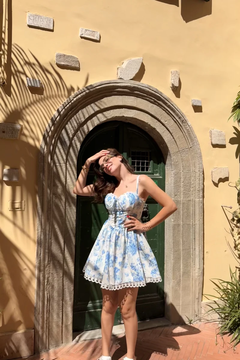 Tredi Çiçekli Elbise Mavi Dantel Detay