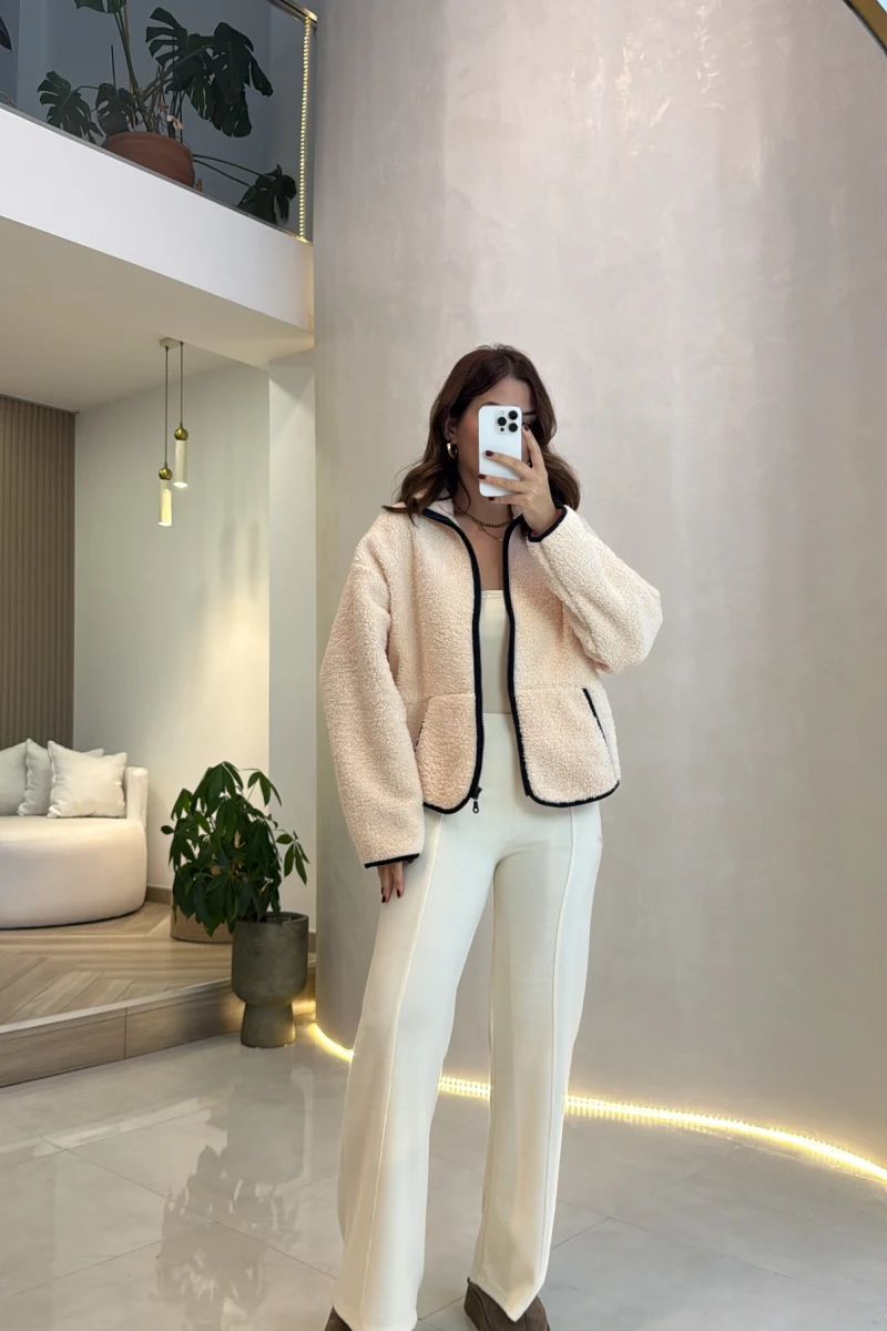 Triko Beli Lastikli Pantolon - Bej - Kod: 12632
