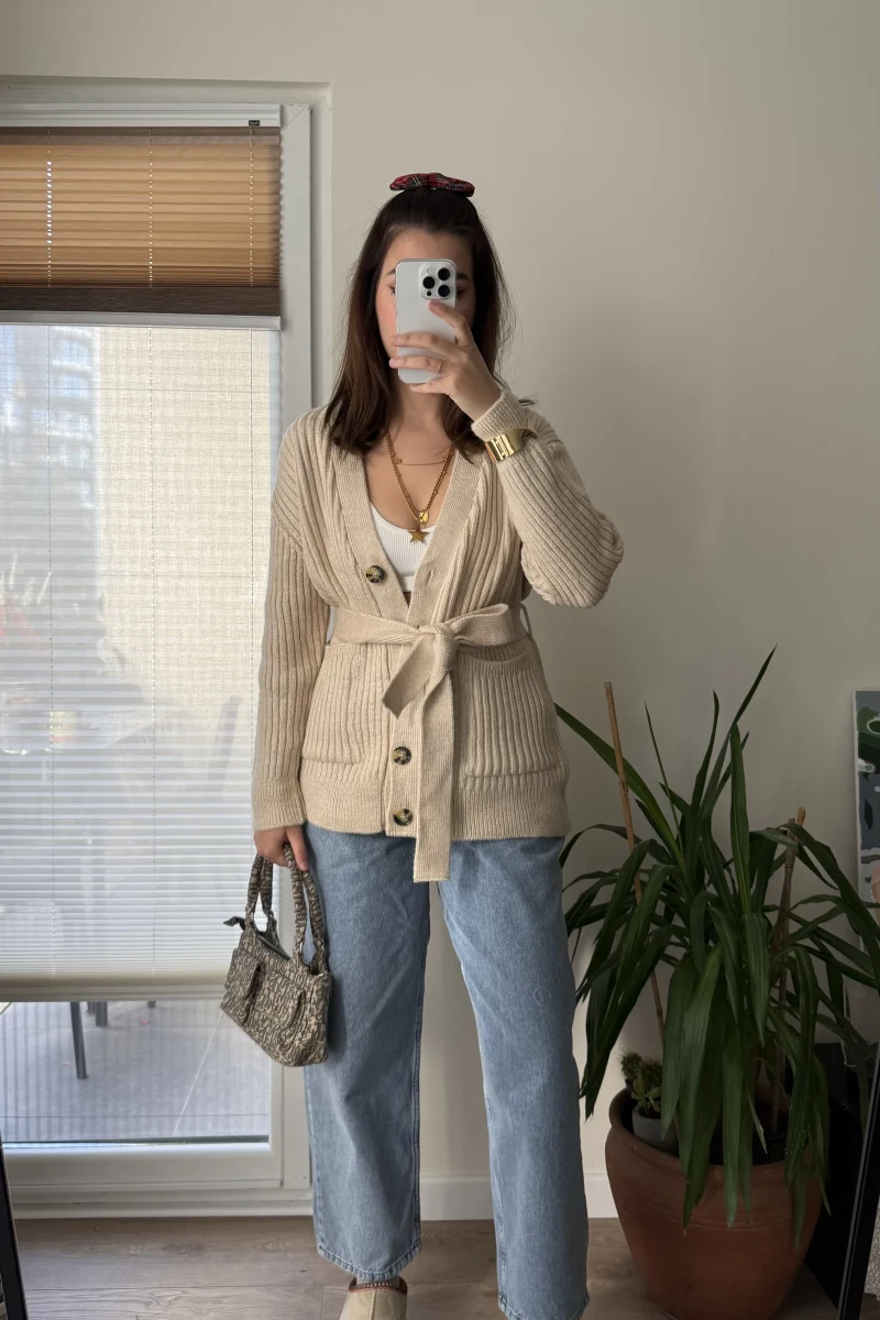 Triko Krem Kuşaklı Hırka