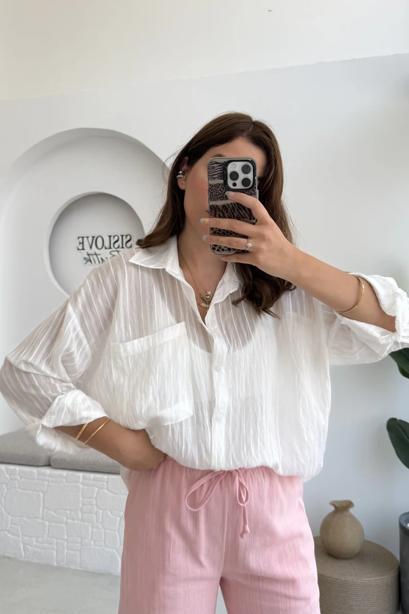 Tül Detaylı Gömlek-2109-Ekru