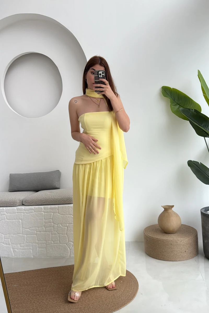 Tül Straplez Sarı Elbise