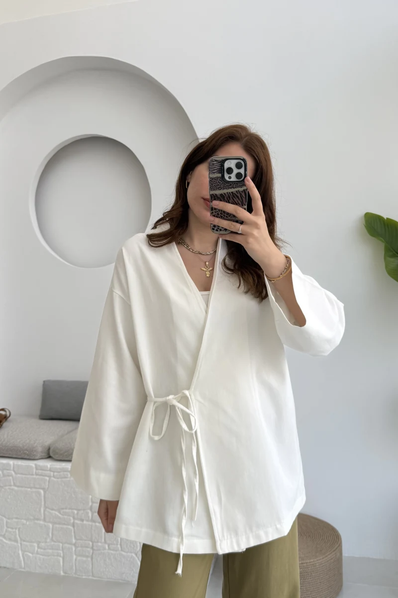 Tuus Keten Kimono Yandan Bağlamalı Beyaz