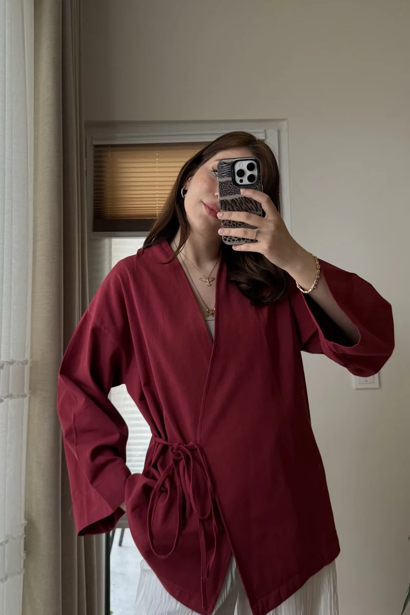 Tuus Keten Kimono Yandan Bağlamalı Bordo