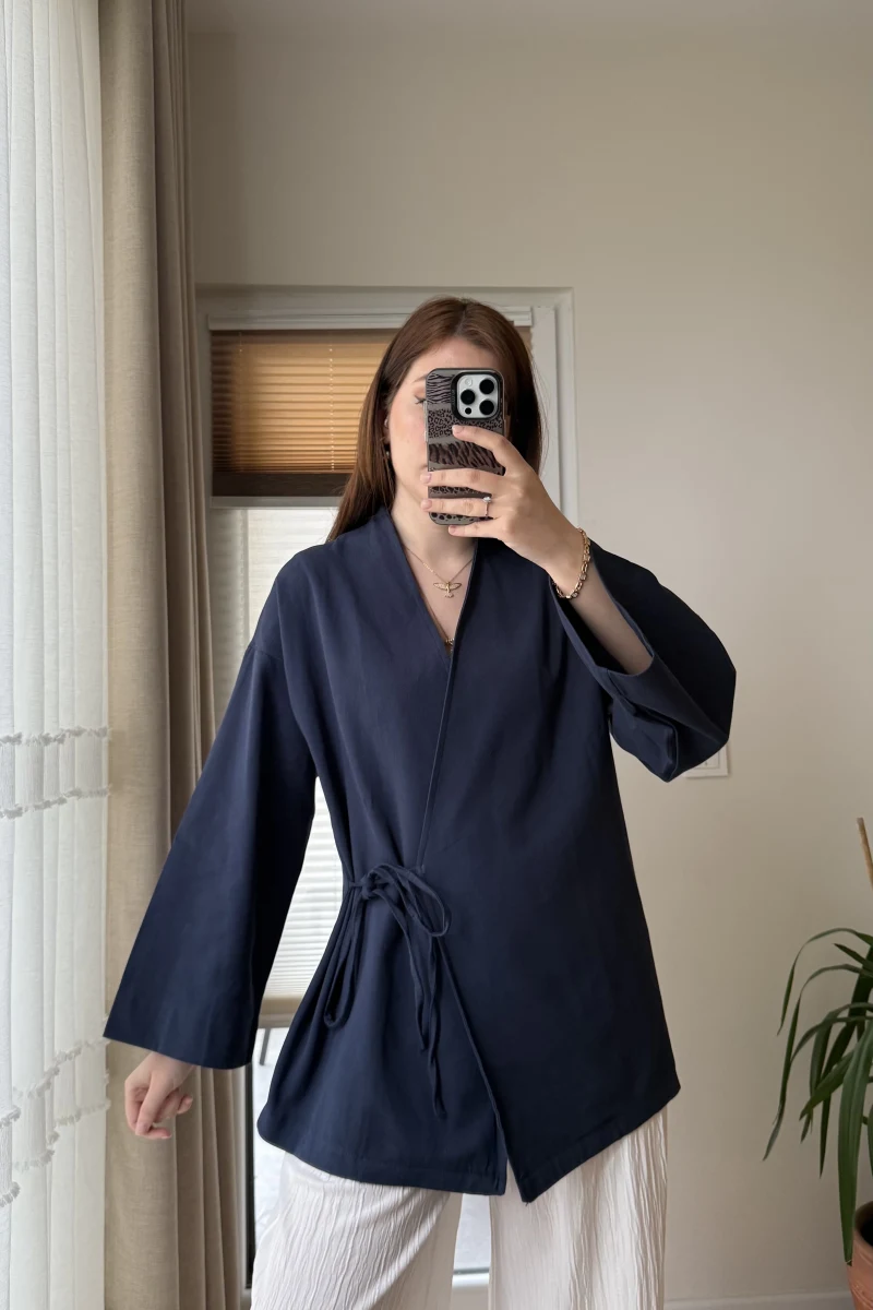 Tuus Keten Kimono Yandan Bağlamalı Lacivert