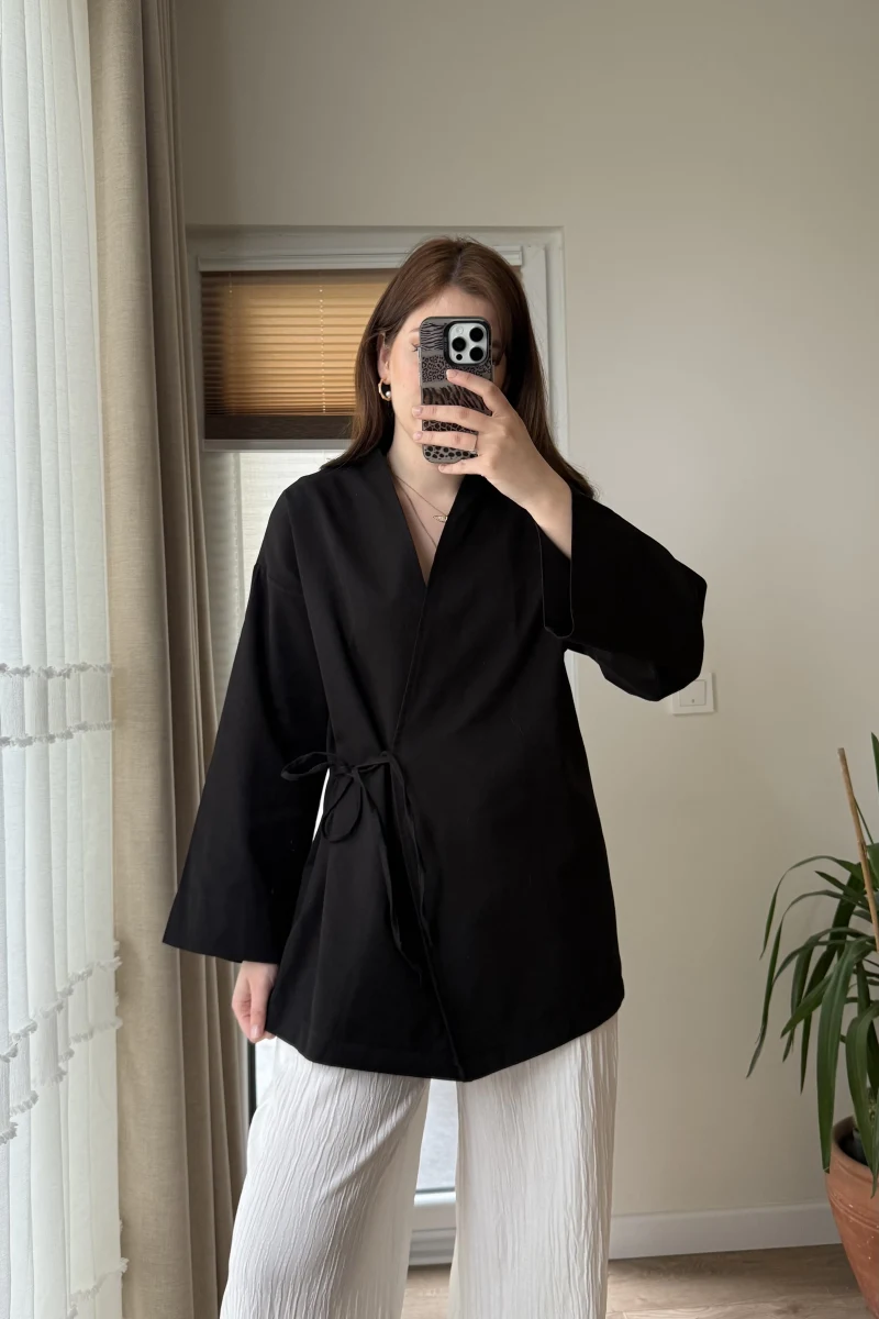 Tuus Keten Kimono Yandan Bağlamalı Siyah