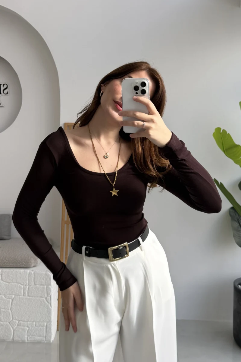 U Yaka Oys Uzun Kol Body - Acı Kahve