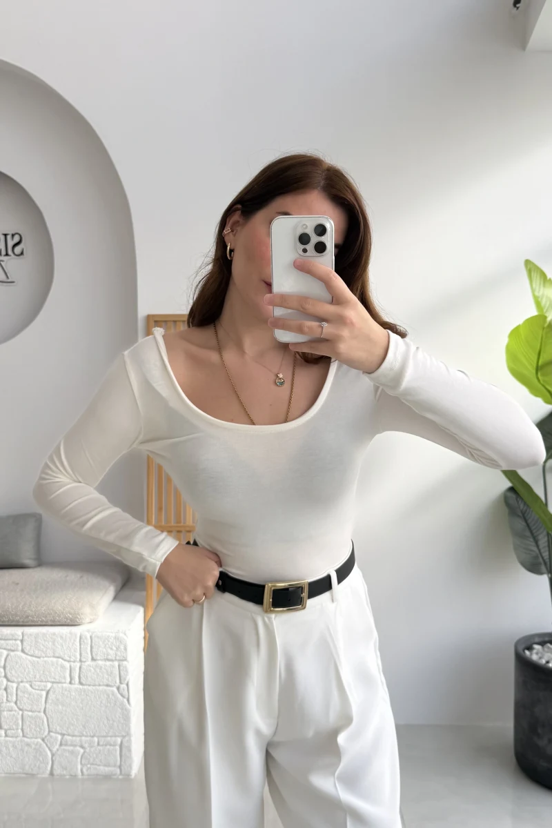 U Yaka Oys Uzun Kol Body - Ekru