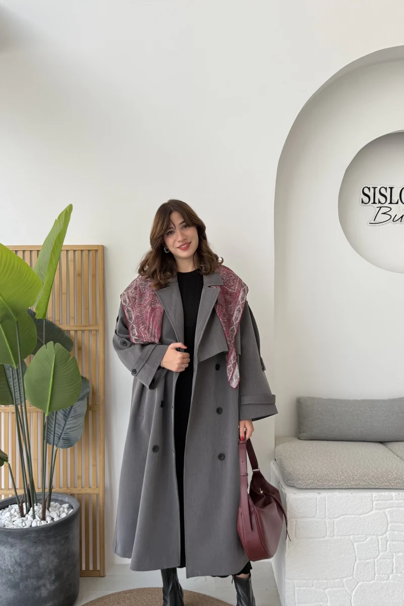 Ultra Premium Kuşaklı Trençkot - Antrasit - Kod: 9476