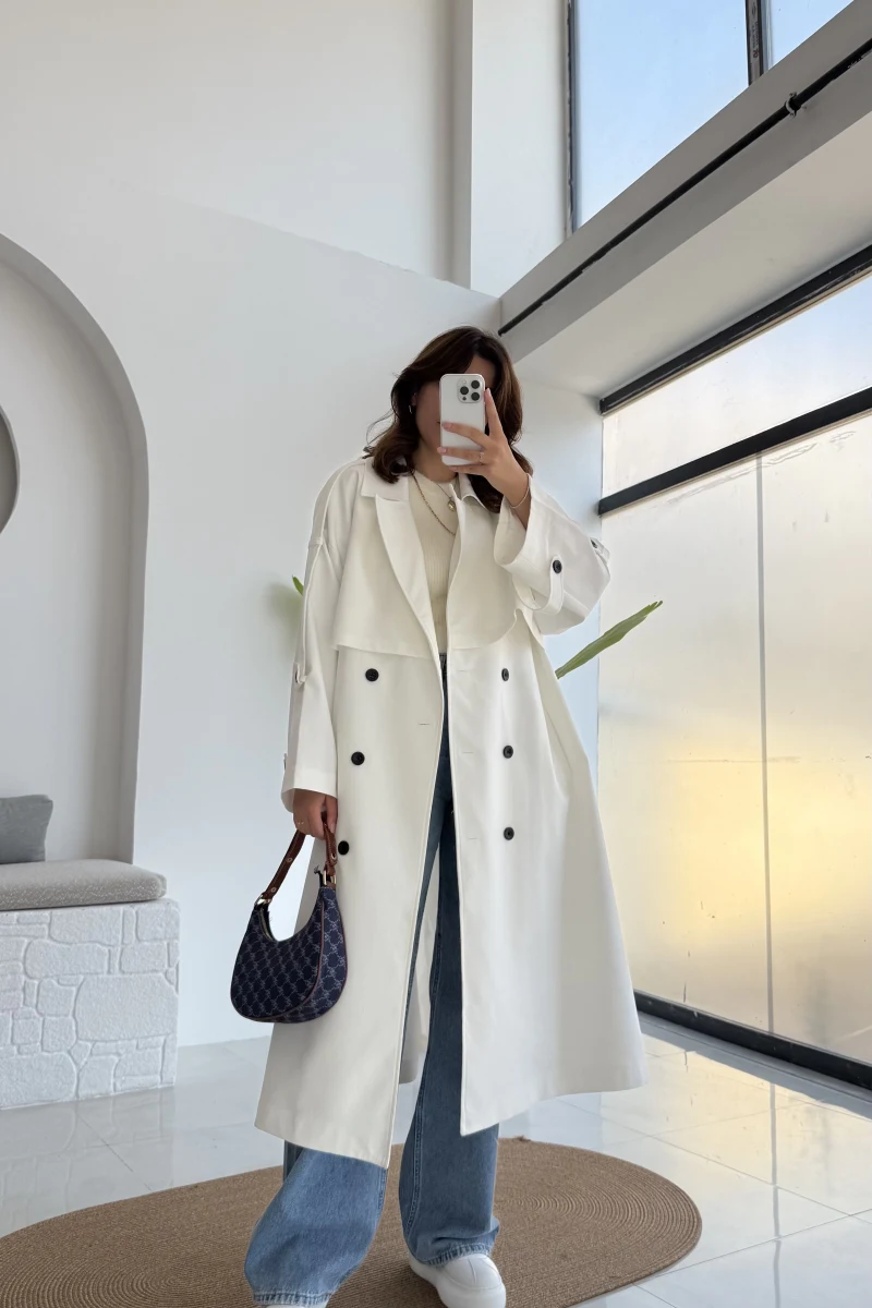 Ultra Premium Kuşaklı Trençkot - Beyaz - Kod: 9476