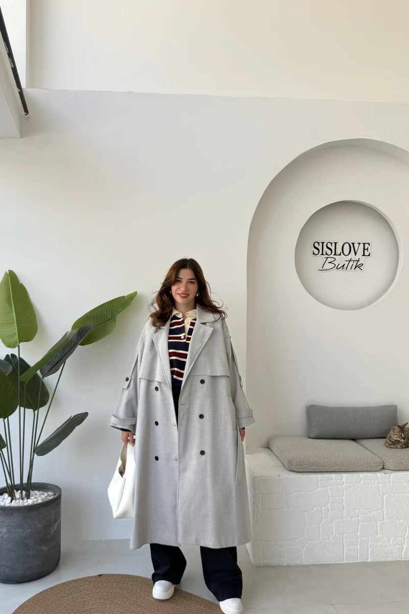 Ultra Premium Kuşaklı Trençkot - Gri - Kod: 9476