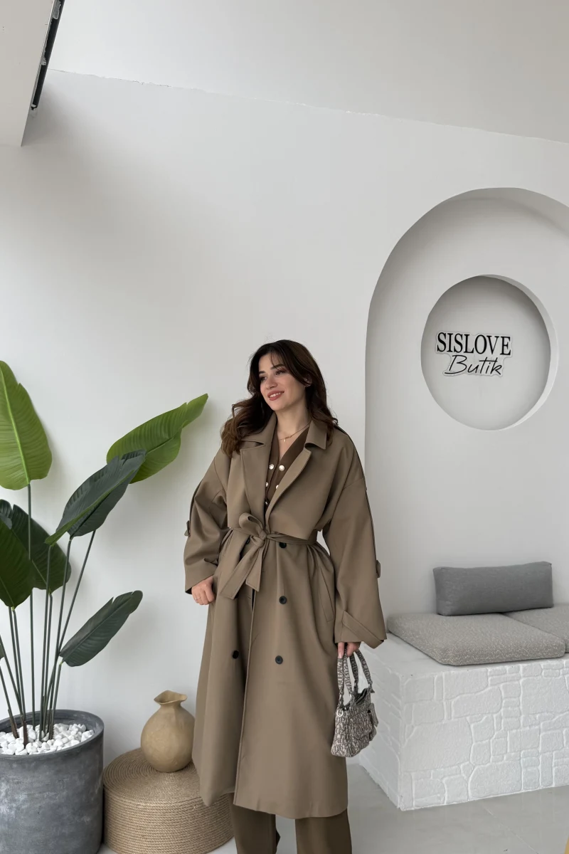 Ultra Premium Kuşaklı Trençkot - Karamel - Kod: 9476