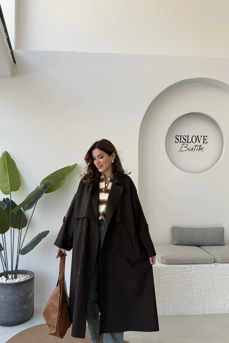 Ultra Premium Kuşaklı Trençkot - Koyu Kahve - Kod: 9476