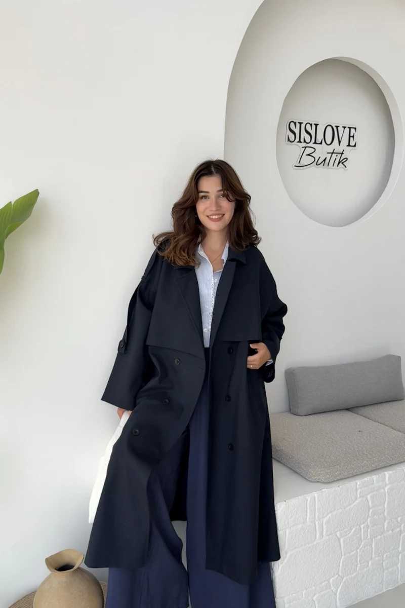 Ultra Premium Kuşaklı Trençkot - Lacivert - Kod: 9476