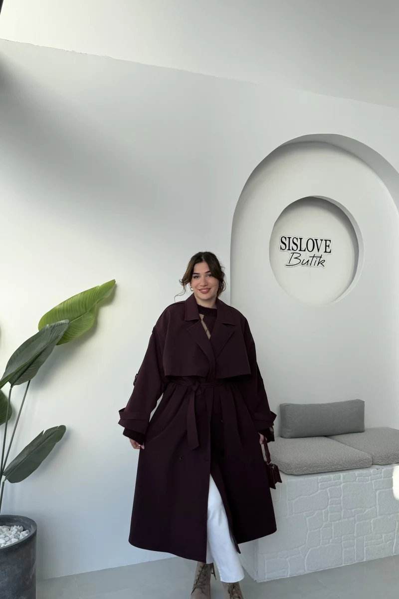 Ultra Premium Kuşaklı Trençkot - Mürdüm - Kod: 9476