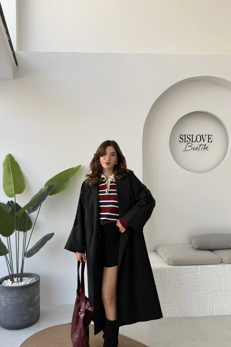 Ultra Premium Kuşaklı Trençkot - Siyah - Kod: 9476