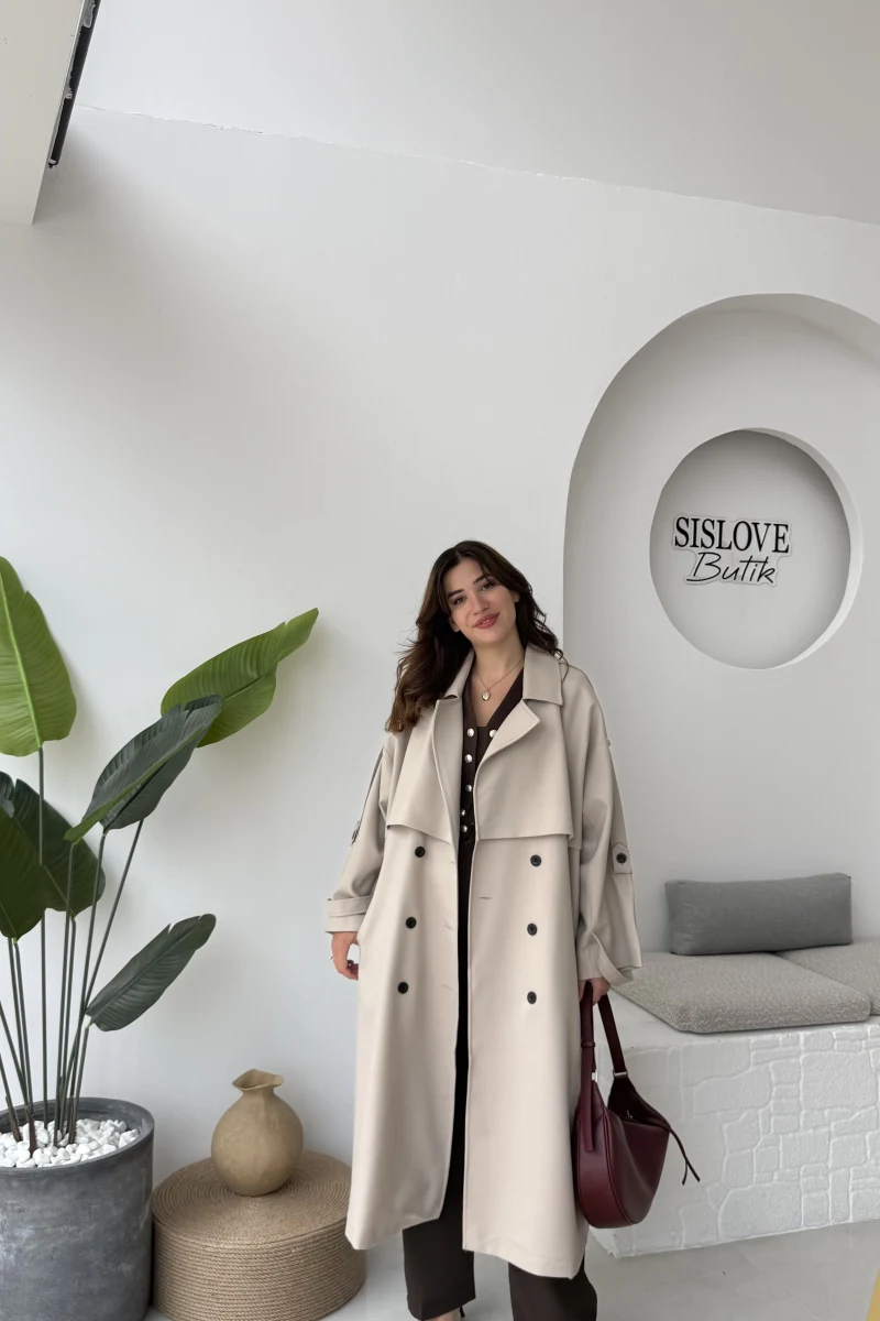 Ultra Premium Kuşaklı Trençkot - Taş - Kod: 9476