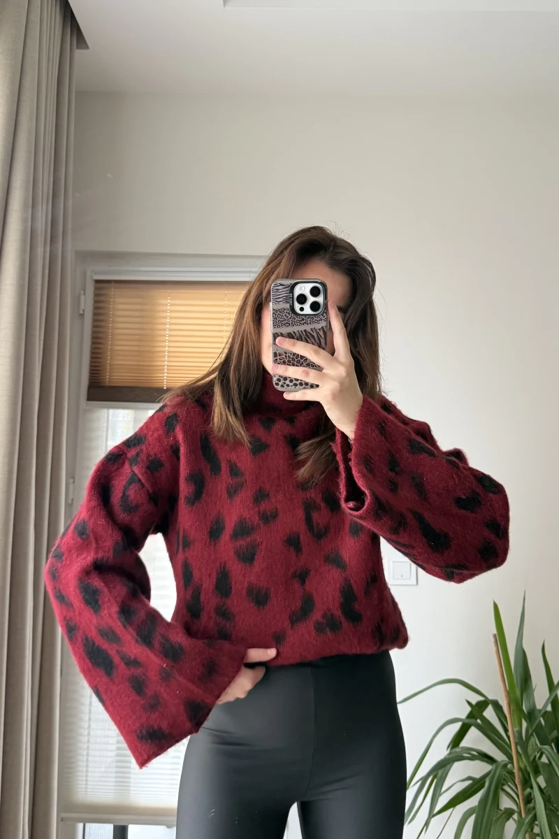 Uzun Boğazlı Leoparlı Kazak Bordo