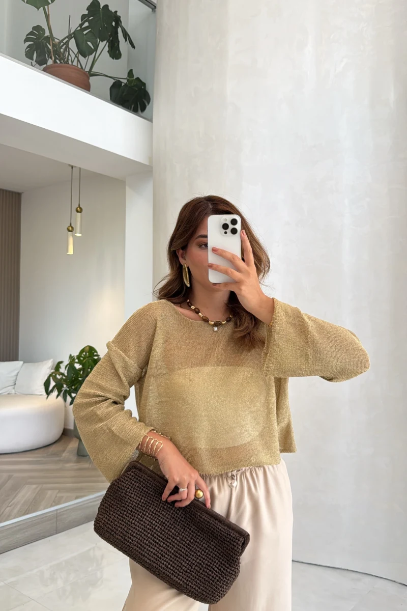 Uzun Kol Simli Crop Bluz - Gold - Kod: 2807